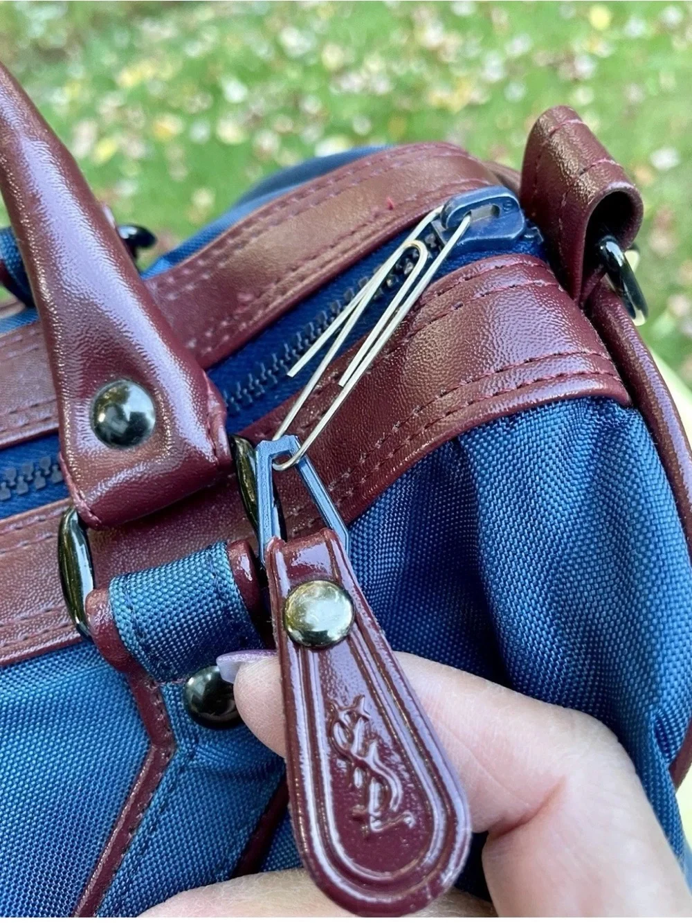 Yves St Laurent YSL Navy Blue Duffel with Brown Leather Trim